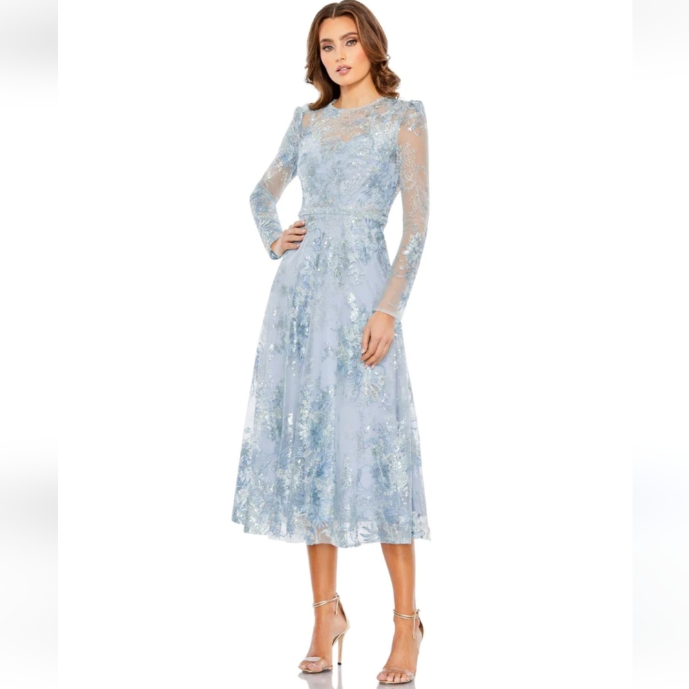 Mac Duggal Embellished illusion long sleeves midi dress size 8